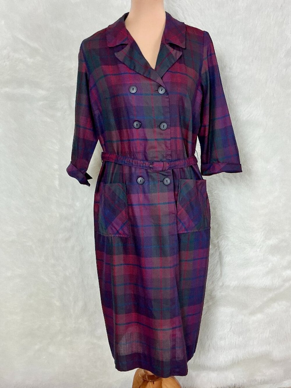 Vintage 60s 70s Korell Purple Blue Red Plaid Belted Double Buttons Shirtdress L